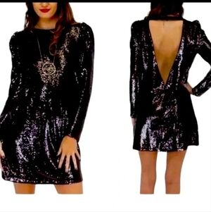 Nwt Essue Black Sequin Backless Dress Mini With Puff Sleeves Retro